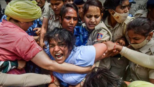 The unprecedented public protest by India’s leading wrestlers to oust Brij Bhushan (PTI) The unprecedented public protest by India’s leading wrestlers to oust Brij Bhushan (PTI)