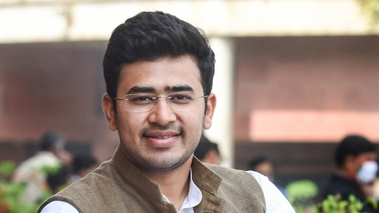 BJP MP Tejasvi Surya at Parliament complex in New Delhi. (File) (PTI Photo)