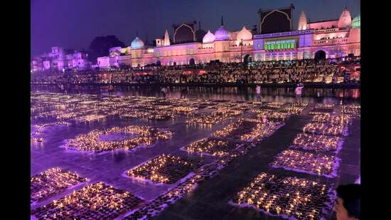 Ram Ki Paidi illuminated with earthen lamps during Deepotsav celebrations, on the eve of the Diwali festival, in Ayodhya in 2022. (PTI File)