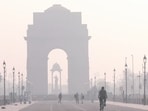 A view of India Gate covered in a layer of smog as the AQI categorized as 'Very Poor' as per the Central Pollution Control Board (CPCB), in New Delhi on Thursday. (ANI Photo) A view of India Gate covered in a layer of smog as the AQI categorized as 'Very Poor' as per the Central Pollution Control Board (CPCB), in New Delhi on Thursday. (ANI Photo)