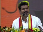 Actor-turned-politician Vijay speaks at the conference of his party Tamilaga Vettri Kazghagam in  Vikravandi area of Chennai.