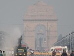 An anti smog gun sprinkles water at Kartavya Path on Sunday (Sanchit Khanna/HT Photo)