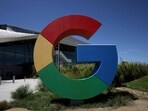 The Google logo is displayed in front of company headquarters during the Made By Google event on August 13, 2024 in Mountain View, California.