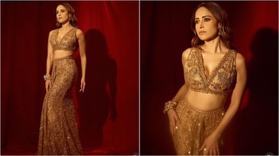 Nushrratt Bharuccha stuns as a golden girl in a V-neckline blouse embellished with intricate motifs and sequin embroidery. Paired with a matching, heavily embroidered mermaid skirt, she exudes pure glamour. (Instagram) Nushrratt Bharuccha stuns as a golden girl in a V-neckline blouse embellished with intricate motifs and sequin embroidery. Paired with a matching, heavily embroidered mermaid skirt, she exudes pure glamour. (Instagram)