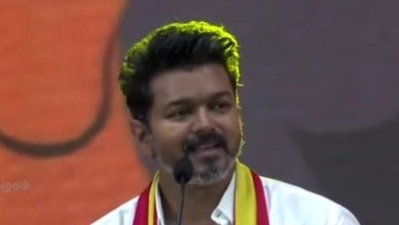 Actor-turned-politician Vijay speaks at the conference of his party Tamilaga Vettri Kazghagam in  Vikravandi area of Chennai. (ANI)