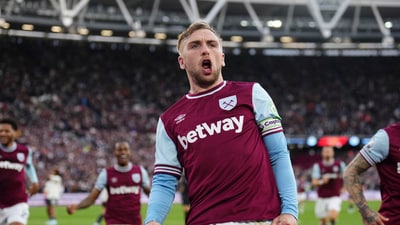 West Ham United's Jarrod Bowen celebrates scoring his side's second goal. (John Walton/PA via AP) (AP) West Ham United's Jarrod Bowen celebrates scoring his side's second goal. (John Walton/PA via AP) (AP)