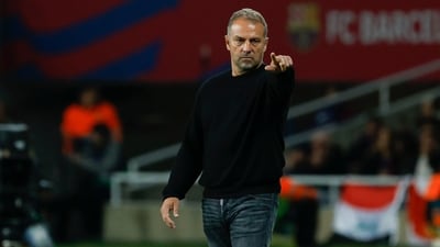 Barcelona's head coach Hansi Flick gives instructions to his players during a Spanish La Liga match. (AP) Barcelona's head coach Hansi Flick gives instructions to his players during a Spanish La Liga match. (AP)