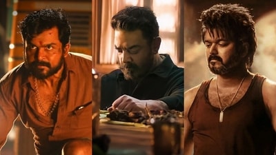 Karthi, Kamal Haasan, Vijay in stills from Kaithi, Vikram and Leo. Karthi, Kamal Haasan, Vijay in stills from Kaithi, Vikram and Leo.