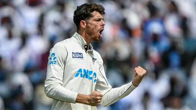 New Zealand's Mitchell Santner celebrates after taking the wicket of India's Yashasvi Jaiswal in Pune. (AFP) New Zealand's Mitchell Santner celebrates after taking the wicket of India's Yashasvi Jaiswal in Pune. (AFP)