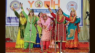 Students performing during PU zonal youth festival at GHG Khalsa College in Ludhiana on Sunday. (HT Photo)