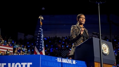 Michelle Obama speaks ahead of the arrival of Democratic presidential nominee, U.S. Vice President Kamala Harris during a campaign rally at the Wings Event Center on October 26, 2024 in Kalamazoo, Michigan. (Getty Images via AFP) Michelle Obama speaks ahead of the arrival of Democratic presidential nominee, U.S. Vice President Kamala Harris during a campaign rally at the Wings Event Center on October 26, 2024 in Kalamazoo, Michigan. (Getty Images via AFP)