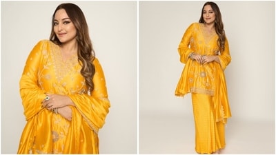 Yellow can brighten up any festival, and Sonakshi Sinha shows us exactly how to rock this vibrant colour. She wore a V-neckline kurta adorned with silver embroidery, styled with matching pants and a coordinating dupatta. (Instagram) Yellow can brighten up any festival, and Sonakshi Sinha shows us exactly how to rock this vibrant colour. She wore a V-neckline kurta adorned with silver embroidery, styled with matching pants and a coordinating dupatta. (Instagram)
