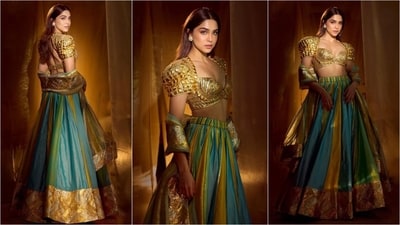 Sharvari Wagh's lehenga brings a fresh, modern twist to traditional wear. She donned a sweetheart-neckline golden blouse paired with a flared blue and gold skirt and a matching dupatta, creating a truly stunning festive look. (Instagram) Sharvari Wagh's lehenga brings a fresh, modern twist to traditional wear. She donned a sweetheart-neckline golden blouse paired with a flared blue and gold skirt and a matching dupatta, creating a truly stunning festive look. (Instagram)