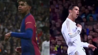 Lamine Yamal copies Cristiano Ronaldo's celebration. Lamine Yamal copies Cristiano Ronaldo's celebration.