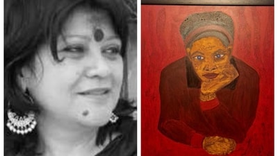 Artist Suniti Khastgir and one of her recent works, which shows her peculiar style of painting blue eyes for black figures. Artist Suniti Khastgir and one of her recent works, which shows her peculiar style of painting blue eyes for black figures.