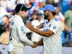 New Zealand's captain Tom Latham (L) is congratulated by his Indian counterpart Rohit Sharma for their team's win. New Zealand's captain Tom Latham (L) is congratulated by his Indian counterpart Rohit Sharma for their team's win.
