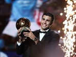 Manchester City's Spanish midfielder Rodri receives the Ballon d'Or award during the 2024 Ballon d'Or France Football award ceremony at the Theatre du Chatelet in Paris on October 28, 2024. (Photo by FRANCK FIFE / AFP)