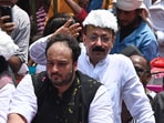 Bandra East MLA Zeeshan Siddique with his late father Baba Siddique in Mumbai.  (Raju Shinde/ HT file)