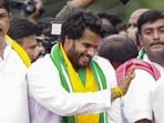 NDA candidate Nikhil Kumaraswamy at a roadshow before filing his nomination on Friday for the Channapatna bypoll. (PTI) NDA candidate Nikhil Kumaraswamy at a roadshow before filing his nomination on Friday for the Channapatna bypoll. (PTI)
