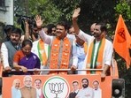 Deputy Chief Minister Devendra Fadnavis attends the nomination procession of BJP candidate Sanjay Kelkar ahead of assembly polls