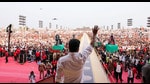 Viluppuram [Tamil Nadu], Oct 27 (ANI): Actor and founder of Tamilaga Vettri Kazhagam, Vijay waves to the crowd during his party's first political rally, at Vikravandi in Villupuram on Sunday. (ANI Photo) (Lakshmi)
