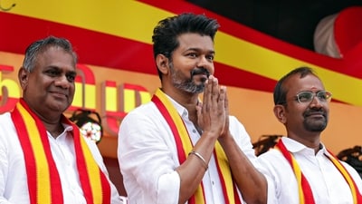 Actor and founder of Tamilaga Vettri Kazhagam, Vijay greets the crowd during his party's first political rally (Lakshmi) Actor and founder of Tamilaga Vettri Kazhagam, Vijay greets the crowd during his party's first political rally (Lakshmi)