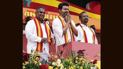 Actor and founder of Tamizhaga Vetri Kazhagam Vijay at his first political rally in Villupuram on Sunday. (ANI) Actor and founder of Tamizhaga Vetri Kazhagam Vijay at his first political rally in Villupuram on Sunday. (ANI)