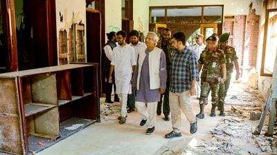 Nobel laureate and chief adviser of Bangladesh's interim government Muhammad Yunus (4L) as he tours the battered Gonobhaban palace, the former official residence of the ousted prime minister Sheikh Hasina in Dhaka. (AFP) Nobel laureate and chief adviser of Bangladesh's interim government Muhammad Yunus (4L) as he tours the battered Gonobhaban palace, the former official residence of the ousted prime minister Sheikh Hasina in Dhaka. (AFP)