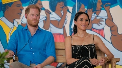 Britain's Prince Harry and Meghan, Duchess of Sussex, visit Escuela de Tambores de Cabildo, on the beach of La Boquilla, Cartagena, Colombia August 17, 2024. Colombia Vice Presidency/Handout via REUTERS ATTENTION EDITORS - THIS IMAGE HAS BEEN SUPPLIED BY A THIRD PARTY NO RESALES. NO ARCHIVES (via REUTERS)