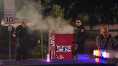 Ballot box in competitive Washington state House district goes up in flames (KGW8 via AP) (AP) Ballot box in competitive Washington state House district goes up in flames (KGW8 via AP) (AP)