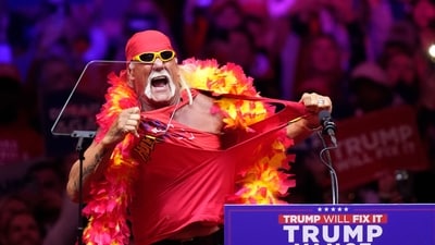 Hulk Hogan speaks before Republican presidential nominee former President Donald Trump at a campaign rally at Madison Square Garden, Sunday, Oct. 27, 2024, in New York. (AP Photo/Evan Vucci) (AP) Hulk Hogan speaks before Republican presidential nominee former President Donald Trump at a campaign rally at Madison Square Garden, Sunday, Oct. 27, 2024, in New York. (AP Photo/Evan Vucci) (AP)