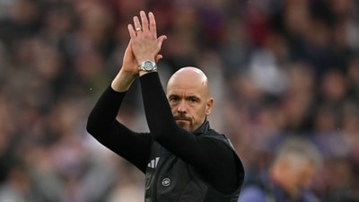 Erik ten Hag applauds fans after the English Premier League football match between West Ham United and Manchester United. (AFP) Erik ten Hag applauds fans after the English Premier League football match between West Ham United and Manchester United. (AFP)