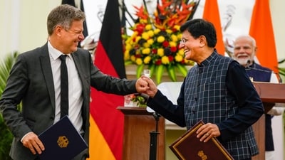 New Delhi: Commerce and Industry Minister Piyush Goyal and German Minister of Economic Affairs and Climate Action Robert Habeck exchange documents as Prime Minister Narendra Modi looks on during signing of agreements between India and Germany at the Hyderabad House, in New Delhi, Friday, Oct. 25, 2024. (Vijay Verma/PTI) New Delhi: Commerce and Industry Minister Piyush Goyal and German Minister of Economic Affairs and Climate Action Robert Habeck exchange documents as Prime Minister Narendra Modi looks on during signing of agreements between India and Germany at the Hyderabad House, in New Delhi, Friday, Oct. 25, 2024. (Vijay Verma/PTI)