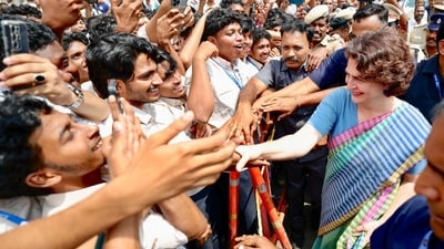Congress general secretary Priyanka Gandhi Vadra greets the students of the Nilgiri College of Arts and Science. (PTI) Congress general secretary Priyanka Gandhi Vadra greets the students of the Nilgiri College of Arts and Science. (PTI)