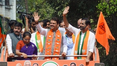 Deputy Chief Minister Devendra Fadnavis attends the nomination procession of BJP candidate Sanjay Kelkar ahead of assembly polls (PTI) Deputy Chief Minister Devendra Fadnavis attends the nomination procession of BJP candidate Sanjay Kelkar ahead of assembly polls (PTI)