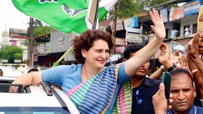 Congress General Secretary Priyanka Gandhi Vadra interacts with public during a meeting, in Meenangadi, Wayanad, Monday, Oct. 28, 2024. (PTI) Congress General Secretary Priyanka Gandhi Vadra interacts with public during a meeting, in Meenangadi, Wayanad, Monday, Oct. 28, 2024. (PTI)