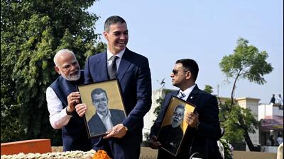 Prime Minister Narendra Modi and his Spanish counterpart, Pedro Sanchez, in Vadodara. (PTI) Prime Minister Narendra Modi and his Spanish counterpart, Pedro Sanchez, in Vadodara. (PTI)