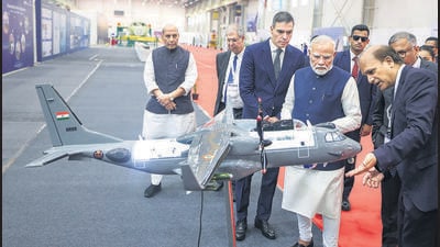 Prime Minister Narendra Modi with the Spanish president Pedro Sanchez during the inauguration of the Tata Aircraft Complex for manufacturing of C295 aircraft, at Tata Advanced Systems Limited (TASL) Campus in Vadodara on Monday. Defence Minister Rajnath Singh was also present. (ANI) Prime Minister Narendra Modi with the Spanish president Pedro Sanchez during the inauguration of the Tata Aircraft Complex for manufacturing of C295 aircraft, at Tata Advanced Systems Limited (TASL) Campus in Vadodara on Monday. Defence Minister Rajnath Singh was also present. (ANI)
