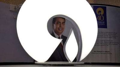 The logo of Reliance Industries is pictured in a stall at the Vibrant Gujarat Global Trade Show at Gandhinagar, India, January 17, 2019. (Amit Dave/Reuters)