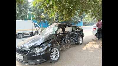 The Toyota Fortuner that rammed into the victims’ Skoda Superb (right) near Amity School in Sector 79, Mohali, on Sunday night. (HT photo) The Toyota Fortuner that rammed into the victims’ Skoda Superb (right) near Amity School in Sector 79, Mohali, on Sunday night. (HT photo)