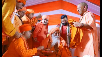 UP CM Yogi Adityanath with seers at a religious event in Haryana on October 28. (Sourced) UP CM Yogi Adityanath with seers at a religious event in Haryana on October 28. (Sourced)