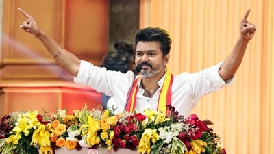 Actor and founder of Tamilaga Vettri Kazhagam, Vijay addressed his party's first political rally, at Vikravandi in Villupuram on Sunday. (Lakshmi) Actor and founder of Tamilaga Vettri Kazhagam, Vijay addressed his party's first political rally, at Vikravandi in Villupuram on Sunday. (Lakshmi)