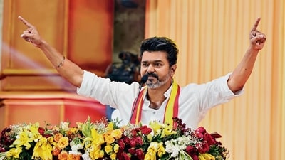 Actor-turned-politician Vijay addresses the rally at Vikravandi in Villupuram on Sunday. (ANI) (HT_PRINT) Actor-turned-politician Vijay addresses the rally at Vikravandi in Villupuram on Sunday. (ANI) (HT_PRINT)