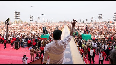 Viluppuram [Tamil Nadu], Oct 27 (ANI): Actor and founder of Tamilaga Vettri Kazhagam, Vijay waves to the crowd during his party's first political rally, at Vikravandi in Villupuram on Sunday. (ANI Photo) (Lakshmi)