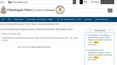 CG Police SI final result has been announced at cgpolice.gov.in (Official website/screenshot) CG Police SI final result has been announced at cgpolice.gov.in (Official website/screenshot)