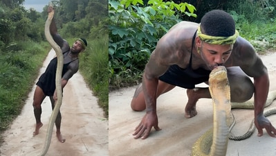 A man shocked viewers by kissing a massive king cobra in a viral video. (Instagram/therealtarzann)