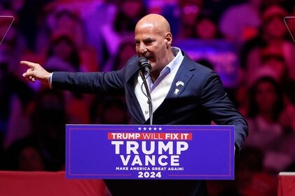 Sid Rosenberg speaks before Republican presidential nominee former President Donald Trump speaks at a campaign rally at Madison Square Garden, Sunday, Oct. 27, 2024, in New York. (AP) Sid Rosenberg speaks before Republican presidential nominee former President Donald Trump speaks at a campaign rally at Madison Square Garden, Sunday, Oct. 27, 2024, in New York. (AP)