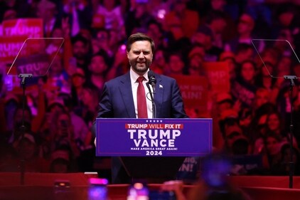 Republican Vice Presidential nominee, U.S. Sen. J.D. Vance (R-OH) speaks before Republican presidential nominee, former U.S. President Donald Trump takes the stage at a campaign rally at Madison Square Garden on October 27, 2024 in New York City. (Getty Images via AFP) Republican Vice Presidential nominee, U.S. Sen. J.D. Vance (R-OH) speaks before Republican presidential nominee, former U.S. President Donald Trump takes the stage at a campaign rally at Madison Square Garden on October 27, 2024 in New York City. (Getty Images via AFP)