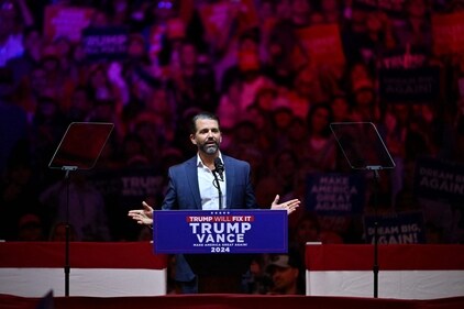 Donald Trump Jr. speaks at a campaign rally for former US President and Republican presidential candidate Donald Trump at Madison Square Garden in New York on October 27, 2024. (AFP) Donald Trump Jr. speaks at a campaign rally for former US President and Republican presidential candidate Donald Trump at Madison Square Garden in New York on October 27, 2024. (AFP)