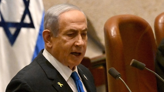 Israeli Prime Minister Benjamin Netanyahu speaks at the opening of the 25th Knesset session marking the anniversary of the "Iron Swords" war, in Jerusalem, Monday, Oct. 28, 2024. (AP)